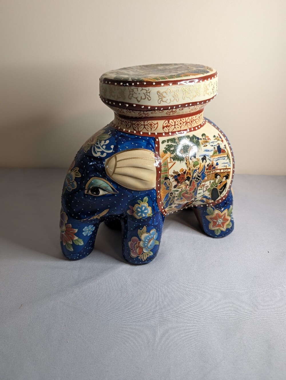 Hand-Painted Blue Elephant Ceramic Stool/Accent - Decorative Home Art